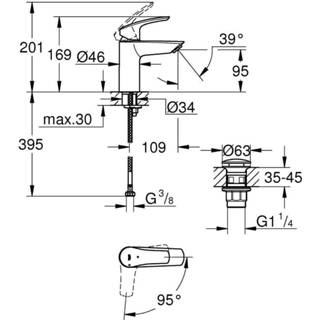 👉 Wastafelkraan chroom Grohe Eurosmart s-size met pop-up waste 23924003 4005176613265