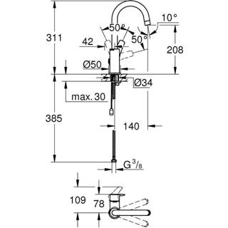 👉 Wastafel kraan chroom Grohe Eurosmart wastafelkraan l-size met ketting 23743003 4005176613401