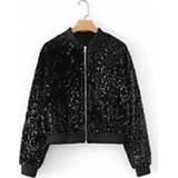 👉 Paillet zwart vrouwen Dames Jas Straat Dagelijks Uitgaan Herfst Lente Normaal Normale pasvorm Ademend Casual Streetwear Jacks Lange mouw Effen Kleur Pailletten Zak miniinthebox