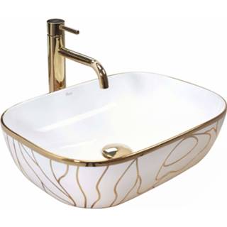 👉 Opzetwastafel wit glans goud REA Belinda / Waskom - 46.5 x 33 13.5 cm. Wave Gold 5902557367047