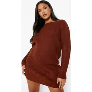 👉 Plus Gerecyclede Sweatshirt Jurk Met Boothals, Mahogany