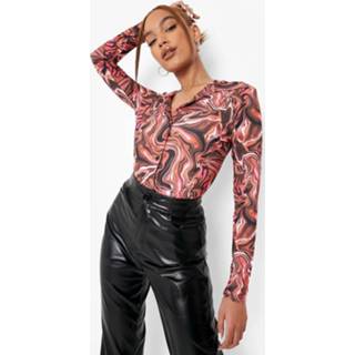 Strakke Marmerprint Blouse, Chocolate