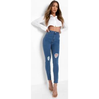 👉 Duurzame Versleten Skinny Jeans Met Hoge Taille, Mid Blue