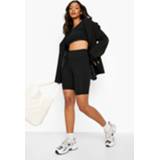 Ribbed Long Sleeve Crop Top & Cycling Shorts Set, Black