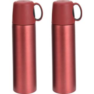 👉 Thermosfles rood zilver RVS kunststof 2x stuks thermosflessen/isoleerflessen mat met dop 500 ml