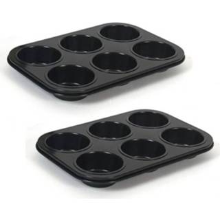 👉 Bakvorm zwart metaal Set van 2x stuks muffin bakvorm/bakblik rechthoek 27 x 19 3 cm voor 12