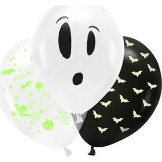 👉 Ballon zwart Set van 15x stuks Halloween Glow in the dark blacklight ballonnen met print 30 cm