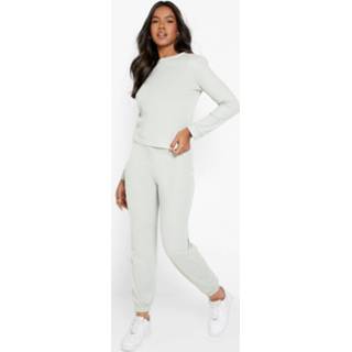 👉 Wafel Gebreide Sweater Met Crewneck En Joggingbroek Set, Sage