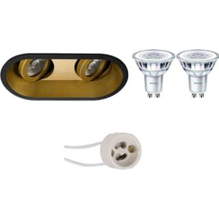 👉 Zwart wit goud Led Spot Set - Pragmi Zano Pro Gu10 Fitting Dimbaar Inbouw Ovaal Dubbel Mat Zwart/goud 6w Helder/koud 6013921228266