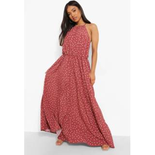 👉 Petite Maxi Jurk Met Stippen En Halter Neck, Dusky Pink