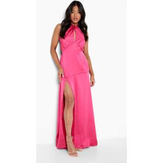👉 Jurk roze Hot Pink Petite Satijnen Maxi Met Halter Neck En Hals Strik,