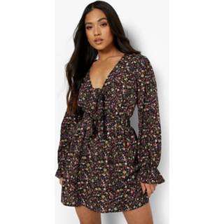 👉 Petite Geweven Bloemen Skater Jurk Met Strik, Black