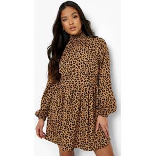 Petite Geweven Luipaardprint Skater Jurk Met Hoge Hals, Natural