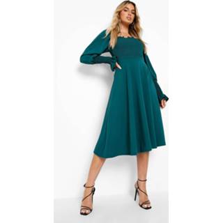 👉 Midi Skater Jurk Met Pofmouwen, Bottle Green