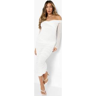 👉 Zwangerschap Geplooide Mesh Midi Jurk Met Uitgesneden Schouders, White