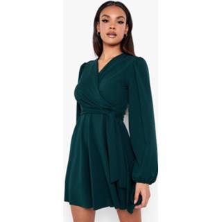 👉 Skater jurk donkergroen bottle green Midi Wikkel Met Ballonmouwen,
