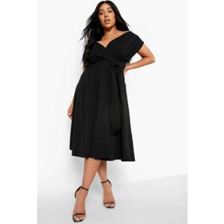 👉 Plus Wikkel Skater Jurk Met Uitgesneden Hals En Ceintuur, Black