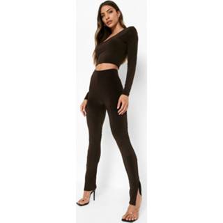 👉 Strakke Crop Top Met Dubbele Lagen En Leggings Met Split, Chocolate
