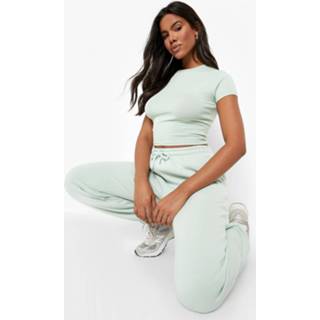 👉 Crop Top Met Korte Mouwen En Joggingbroek Set, Sage