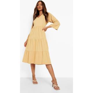 👉 Gesmokte Midi Jurk Met Wijde Mouwen, Camel