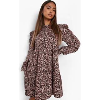 👉 Luipaardprint Mini Jurk Met Hoge Hals En Pofschouders, Brown