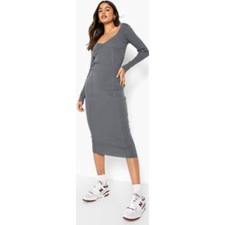 👉 Midi jurk XL charcoal Strakke Geribbelde Gebreide Jurk,
