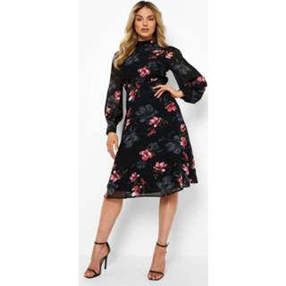 👉 Bloemen Midi Skater Jurk Met Open Rug, Black