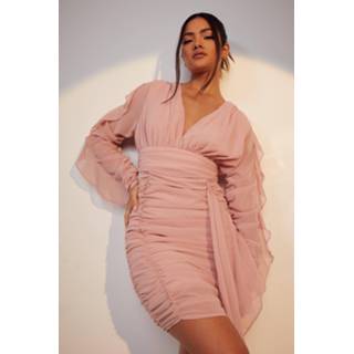 👉 Mesh Geplooide Mini Jurk Met Laag Decolleté, Soft Pink