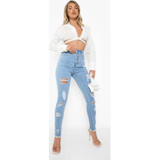 👉 Skinnyjeans blauw Light Blue Duurzame Gescheurde Skinny Jeans Met Knopen,