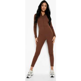 Tall Geribbelde Jumpsuit Met Rits Detail En Kraag, Chocolate