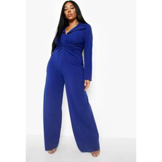 👉 Plus Geknoopte Wide Leg Jumpsuit Met Kraag, Cobalt
