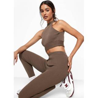 👉 Gebreide Set Met Lage Ronde Hals, Halter Neck En Leggings, Chocolate