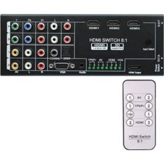 👉 Switcher zwart active NK-H18 8-ingangen naar 1-uitgang Multifunctionele video- / audioadapterschakelaar multi-formaat met afstandsbediening, ondersteuning YPBPR&AV&VGA&HDMI-signalen Input HDMI-uitgang (zwart)