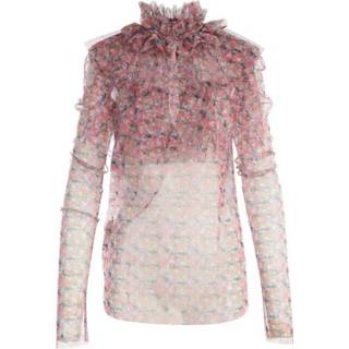 👉 Vrouwen roze Printed Tulle V Neck TOP With Knot ON