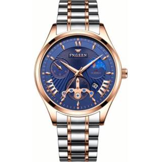 👉 Quartz horloge blauw rose goud active mannen FNGEEN 5606 Heren Luminous Casual (Tussen Gold Shell Blue Surface)