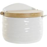 👉 Lepel wit porselein bamboe houten Suikerkom / suikerpotje met en deksel 9 x 10,5 cm