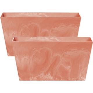 2x stuks kunststof bloembakken plantenbakken rechthoek betonlook terracotta Kunststof bloembak terracotta Set van 2x stuks bloembakken/plantenbakken rechthoek betonlook 60 cm