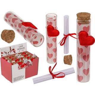👉 Boodschappennetje rood glas Pakket van 100x stuks valentijn hartjes cadeau flesje met boodschap 11 cm