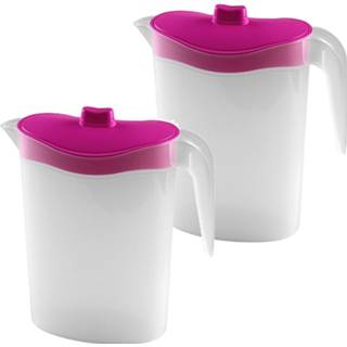 Waterkan roze transparant kunststof 2x Waterkannen/sapkannen met deksel 1,5 liter