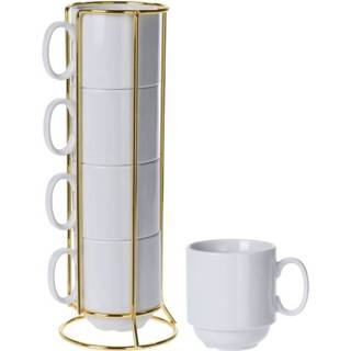 👉 Mok porselein Color-Wit One Size Orange85 Mokken - met Houder Kopjes Beker Mokkenrek Set 4 stuks 8720289421809