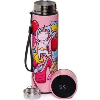 👉 Thermosfles RVS roze warm en koud met digitale thermometer 450ml - Sweet Teen Unicorn 5055071768668