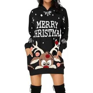 Sweatshirt zwart XXXL active vrouwen Christmas Elk Print Long Mouw Jurk (Kleur: Maat: XXXL)