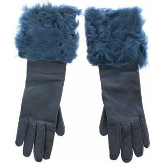 👉 Glove leather vrouwen blauw Lambskin Fur Logo Wrist Gloves