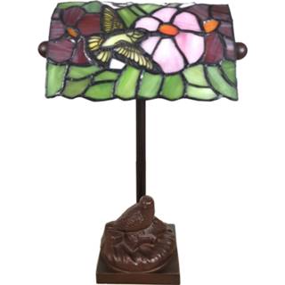 👉 Tafellamp donkerbruin 6008, Tiffany-stijl, met vogelpatroon