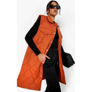👉 Gewatteerde Long Line Bodywarmer Met Ronde Stiksels, Burnt Orange