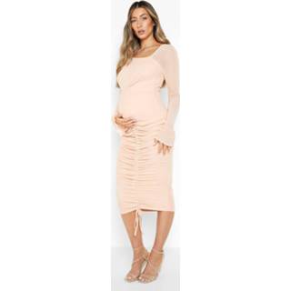 👉 Zwangerschap Geplooide Mesh Midi Jurk Met Lange Mouwen, Nude