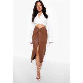 👉 Midi rok bruin PU Dark Brown Petite Gedraaide Met Voorsplit,