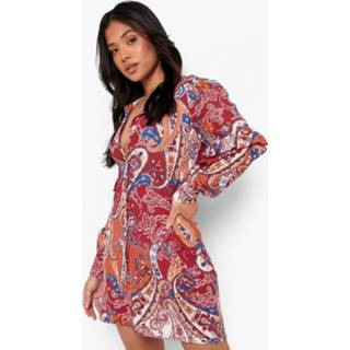 Petite Paisley Print Blouse Jurk Met Ruches, Rust Petite Paisley Print Blouse Jurk Met Ruches, Rust