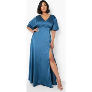 👉 Plus Satijnen Maxi Jurk Met Engelenmouwen En Split, Navy