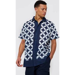 Tall Linnen Overhemd Met Geo Print Zoom, Navy